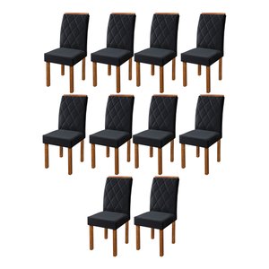 Kit 10 Cadeiras de Jantar Estofada Iza Base Madeira Maciça Tecido Veludo Preto