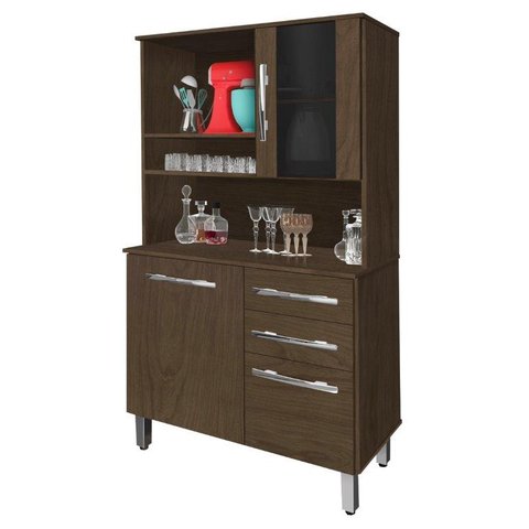 Armário Kit cozinha Kongo Moderno com vidro 3 gavetas + 2 portas cor Amêndoa amadeirado ultimas unid