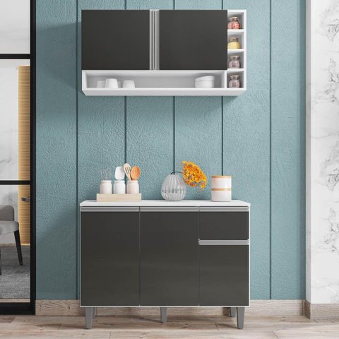 Balcão Gabinete de Cozinha e Armário Aéreo Vanessa Branco Cinza Escuro - Desk Design
