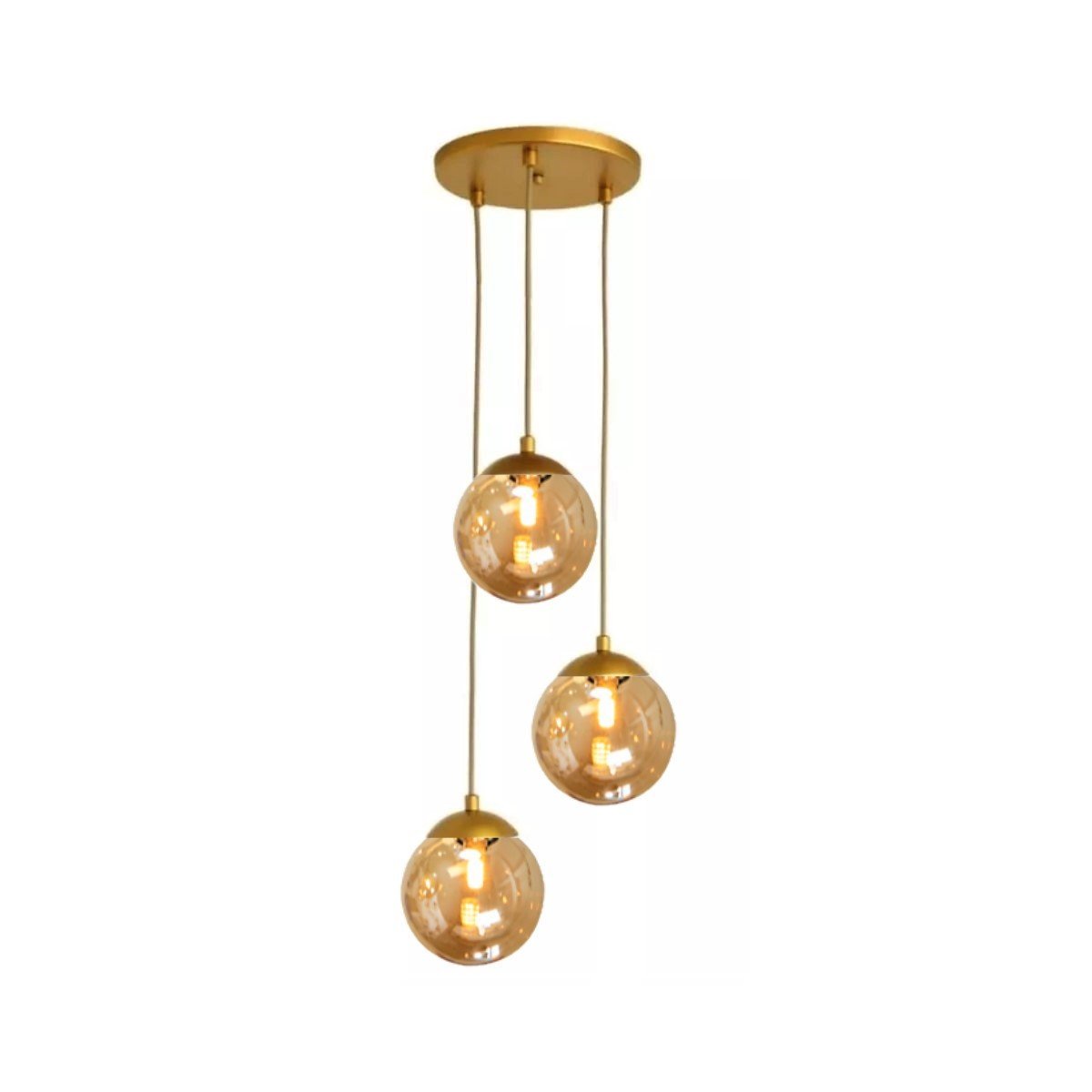 Pendente Moderno Dourado Globo Triplo P/ Sala Espaço Gourmet Arevo Iluminação Jabuticaba VIDRO ÂMBAR