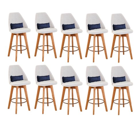 Kit 10 Banquetas Alta Maya Giratória Com Encosto Gourmet Linho Bege e Almofada Suede Azul Marinho