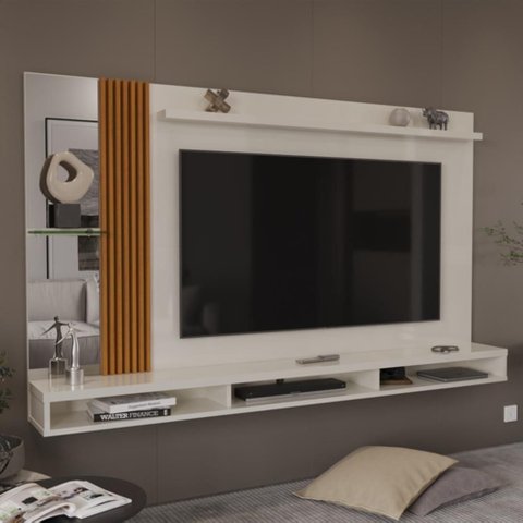 Painel Home Suspenso para Tv até 75 Polegadas Paris com Nichos Espelho e Ripado Lateral 218 Cm -