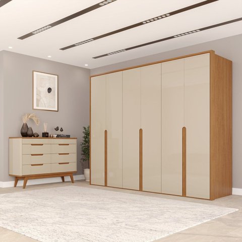 Conjunto Guarda-Roupa Casal 6 Portas 6 Gavetas Cômoda 8 Gavetas com Tampo MDF Lizz Off White/Cedro