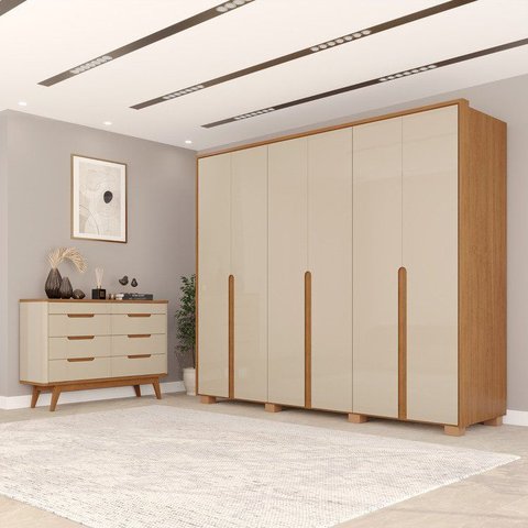 Conjunto Guarda-Roupa Casal 6 Portas 6 Gavetas Cômoda 8 Gavetas com Tampo MDF Lizz Off White/Cedro
