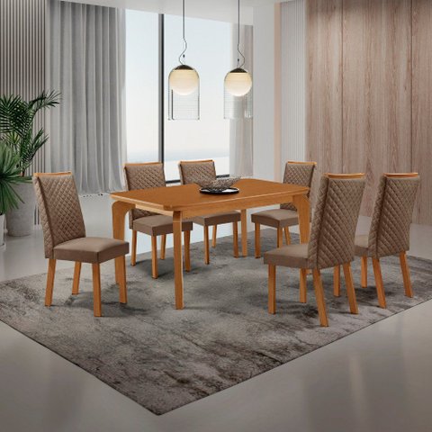 Mesa de Jantar Liz 180cm Tampo MDF Canto Copo Laminado com 6 Cadeiras Lira