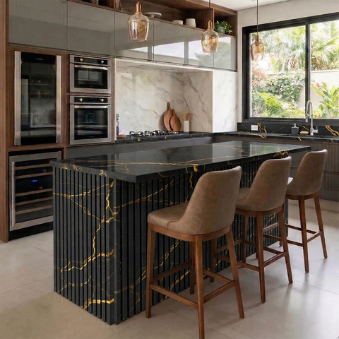 Kit 40 Placas Ripadas em Mdf Efeito Mármore Black Dourado Painel Decorativo Autocolante