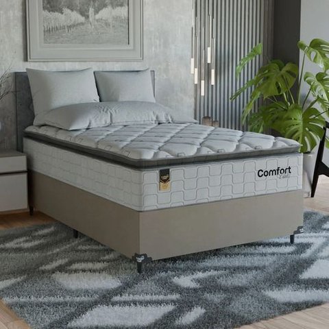 Cama Box Viúva + Colchão Comfort Class Pillow Top 128x188 Branco/suede Bege