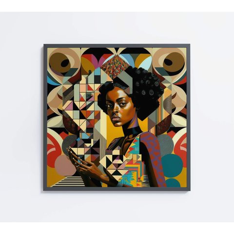 Quadro Decorativo Ilustração Afro Feminino Decor&Quadros ART032 80x80 cm Vidro Impresso