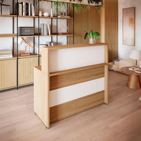 Balcão Atendimento Recepção Alto 90 Cm Escritório F5 Office Cor:macadâmia com Branco