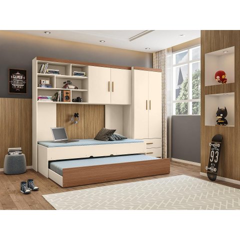 Jogo de Quarto Chiara 4 Peças - Roupeiro 2 Portas Módulo Aéreo e Cama com Auxiliar - Off White