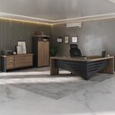 Ver imagem 1 de Conjunto Escritório Completo 3 Peças: Mesa Diretor em L Tamburato, Balcão com Gavetas e Armário Multiuso Nogal Preto Marrom Artany