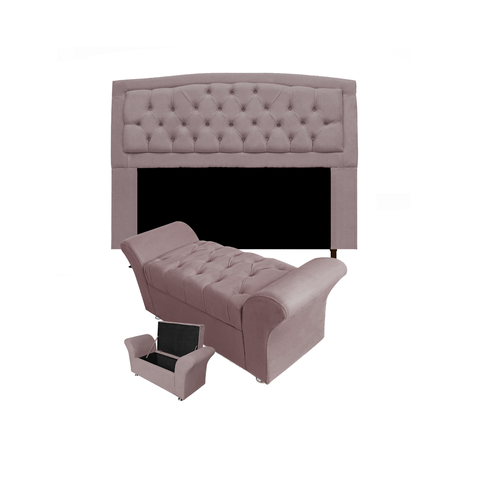 Conjunto Cabeceira Geovana e Recamier Veneza Baú King 195 Cm Suede Rose - Incasa Decor
