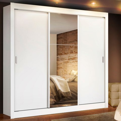 Guarda-Roupa Casal Madesa Lyon 3 Portas de Correr com Espelho 2 Gavetas Branco Cor:Branco