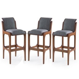 Kit 3 Banquetas Alta Estofada Barcelona 37 x 101 Cm Madeira Maciça Imbuia Linho Cinza L55 - RMI - 1