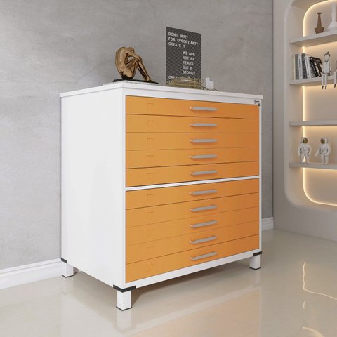 Mapoteca 10 Gavetas 120,4cm x 122,3cm Aço Branco/Laranja Picasso