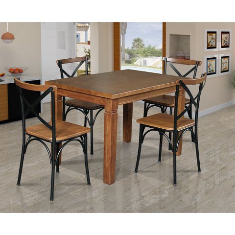 Mesa Jantar Retangular Madeira Maciça Aurora 120x80 com 4 Cadeiras Paris Base Alumínio - Castanho