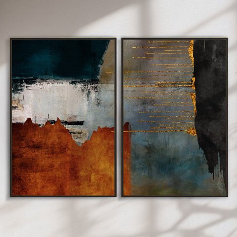 Quadro Decorativo Abstrato Laranja e Preto Kit 2 Quadros
