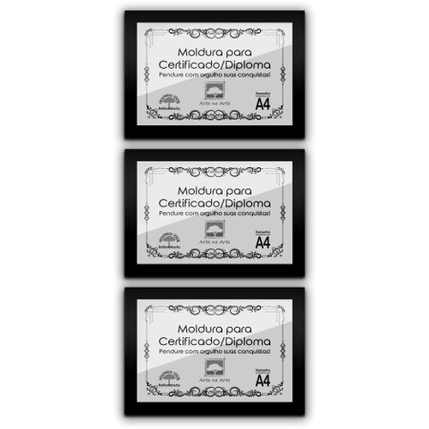 Kit 3 Certificados Diplomas A4 com Tela de Acetato e MDF - Moldura Preta