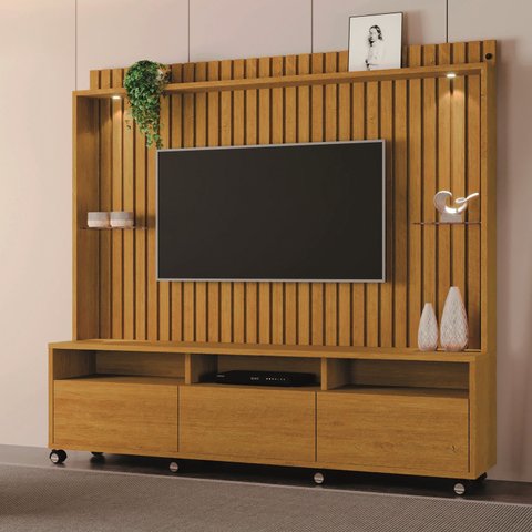 Estante Home Ripado Absoluto para TV até 65 Polegadas -2 Portas e Nicho com Leds -Rodizio -Carmolar: