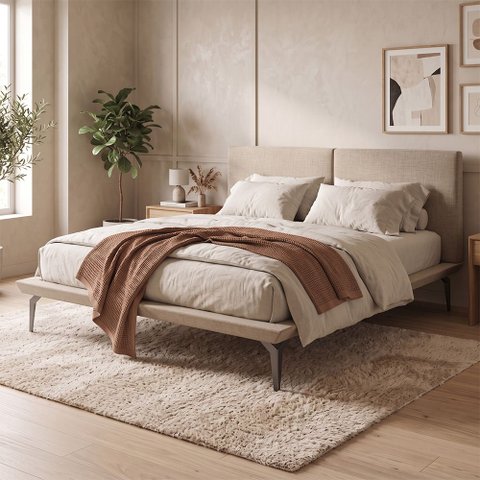 Cama Casal Japonesa Tóquio Arte Estofados em Linho Bege 148x207cm Design Moderno Bege
