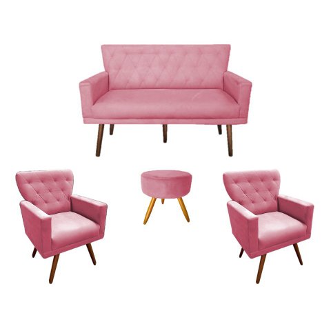 Kit Namoradeira + 2 Poltronas Decorativa Aurora + Puff Redondo Suede Rosa Pés Madeira Ms Decor