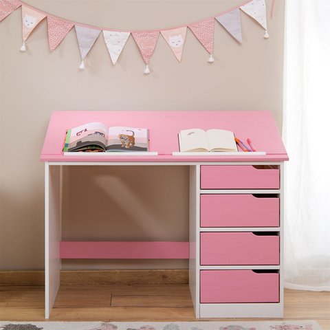 Escrivaninha Madeira 4 Gavetas Desenho Emma Branco Rosa Idimex