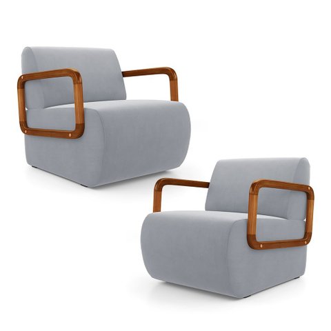 Kit 02 Poltronas Decorativas Orgânica Living Kavya Veludo Cinza Claro - Abmaza