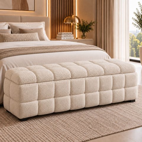Recamier Baú Cama Quenn 158cm Banco Puf Estofado Bouclé Boss:Offf White/Bouclé