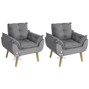 Kit 02 Poltrona/cadeira Decorativa Glamour com Pés Quadrado Cinza