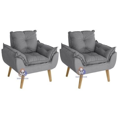 Kit 02 Poltrona/cadeira Decorativa Glamour com Pés Quadrado Cinza