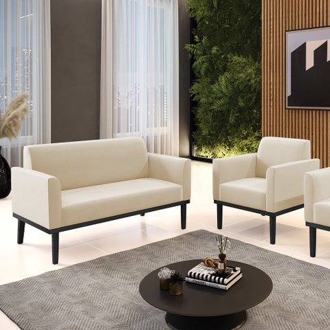 Conjunto Poltrona e Namoradeira Decorativa Isabella Pés Fixo em Madeira Preto Suede Bege G19 - Gran 