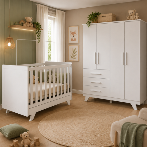 Kit Berço e Guarda Roupa Retrô Peroba Branco Quarto Infantil