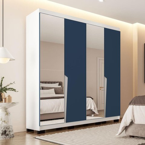 Roupeiro Solteiro Porto 4 Portas com Espelho 161x214cm Branco/Azul 240847