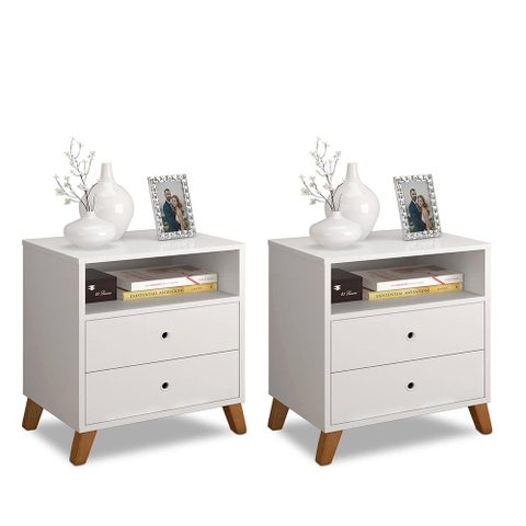 CONJUNTO 2 MESAS DE CABECEIRA 2 GAVETAS BRANCO