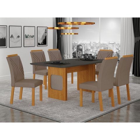Conjunto Sala de Jantar Lara 1,60m com 6 Cadeiras Clara Plus Cinamomo/Chumbo/Joli Camurça