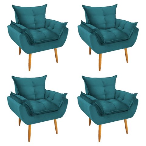 Kit 4 Poltronas Decorativa Opala Pés Palito Veludo Azul Tiffany Chamby Móveis