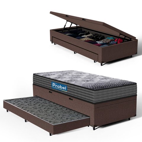 Cama Box Baú com Auxiliar + Colchão de Espuma D60 Double Face Comfort Force Probel Solteiro 88cm