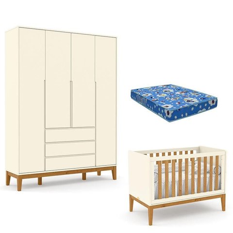 Berço Americano New Off White Freijó e Guarda Roupa Infantil 4 Portas Off White Eco Wood com Colchão