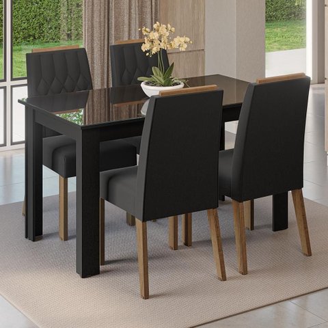 Conjunto Sala de Jantar Tampo de Vidro 4 Cadeiras Rustic/Preto/Oxford Pétala Madesa