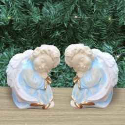 Par de Anjos de Gesso Azul Sentado Estátua Decorativa 11cm - 1