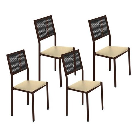 Kit 4 Cadeiras Maia Corino Creme e Fibra Nautica Preta Tubo Marrom Cafe