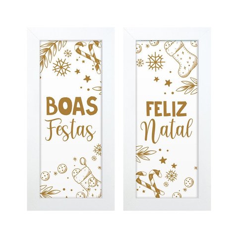 Dupla de Quadros Decorativos Dourado Frases Natal