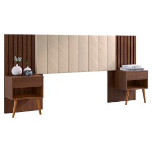 Cabeceira Extensível Zara Jacaranda com Mesa de Apoio e Capitonê - Robel Móveis