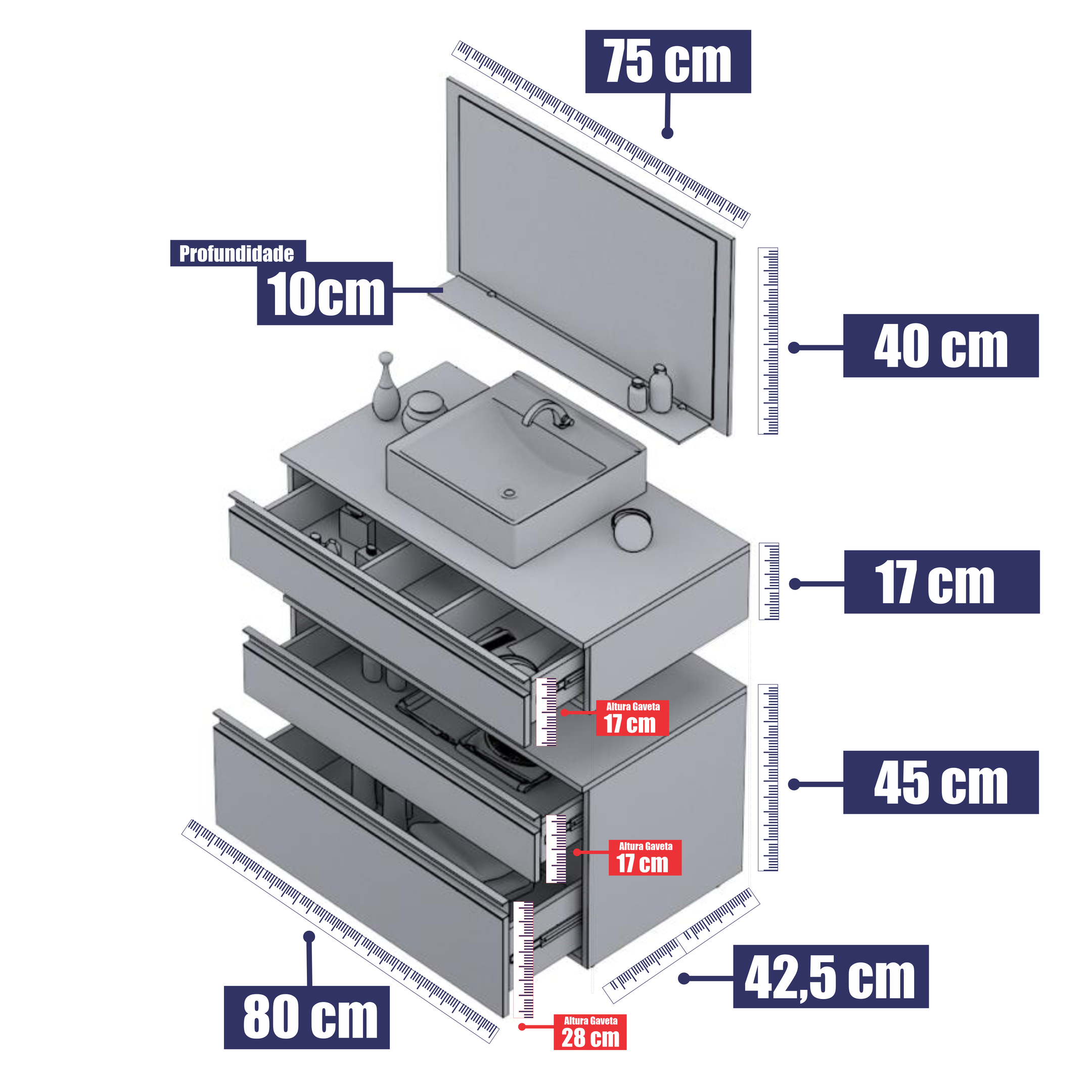 Conjunto Safira 80 Gabinete para Banheiro com Cuba e Espelheira - 3