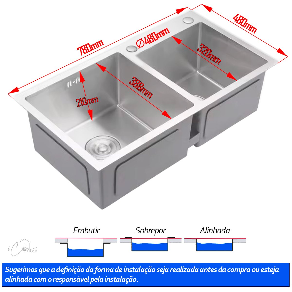 Cuba Gourmet Dupla Retangular com Acessórios em Aço Inox Escovado 78x48x22cm - 6