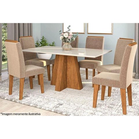 Conjunto: Mesa de Cozinha Patricia C/ Tampo Madeirado C/ Vidro Canto Reto 160x80cm e 6 Cadeiras Taí