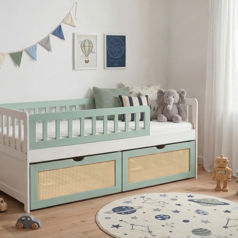 Cama de Solteiro Infantil com Dois Gavetões Madeira Maciça Lumi Branco/Verde