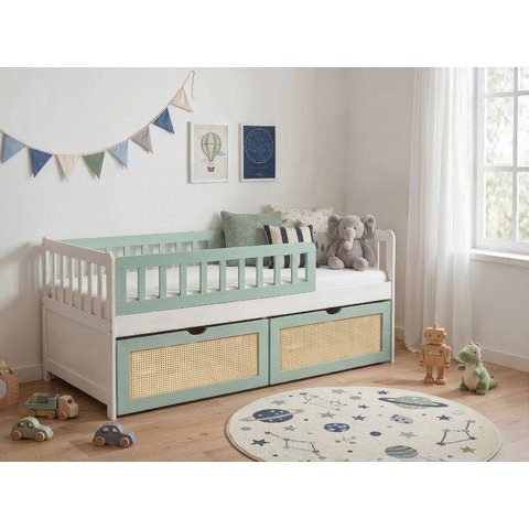 Cama de Solteiro Infantil com Dois Gavetões Madeira Maciça Lumi Branco/Verde