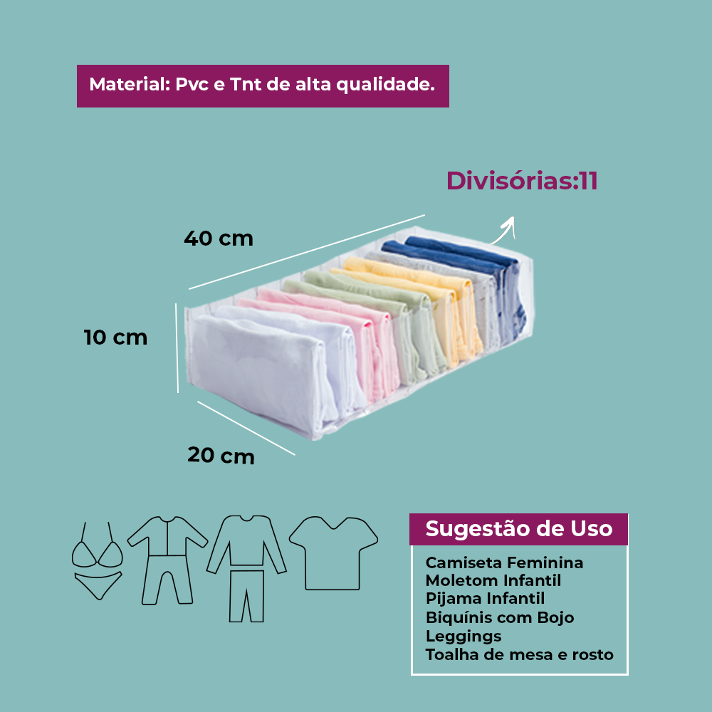 Organizador de Gaveta para Camisetas Pijamas Malha Moletom Infantil Legging 10Ax40Cx20L:Invisível - 2