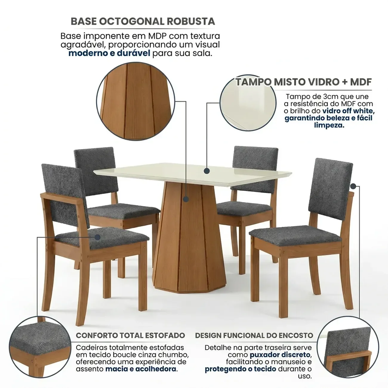 Ver imagem 4 de Conjunto Mesa de Jantar e 4 Cadeiras Estofadas com Tampo MDF e Vidro Jade 120x80cm Off White/Canela/Cinza